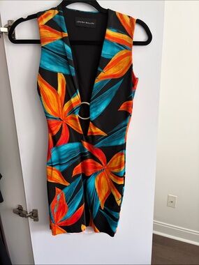Louisa Ballou Black Tropical V-Neck Dress with Teal & Orange Floral